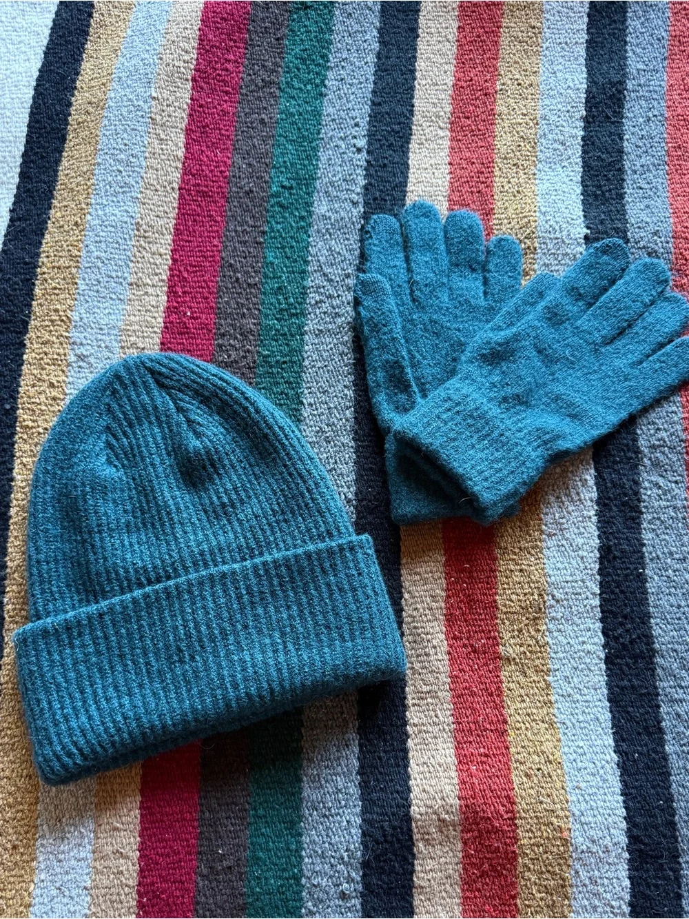 Teal Knit Matching Beanie and Gloves